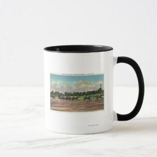 Jockeys Finishing Horse Race at Race Track Mug