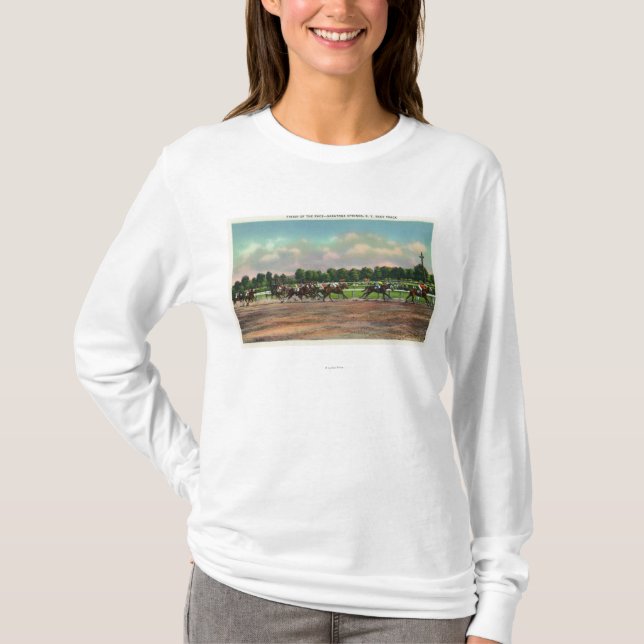 Jockeys Finishing Horse Race at Race Track T-Shirt (Front)