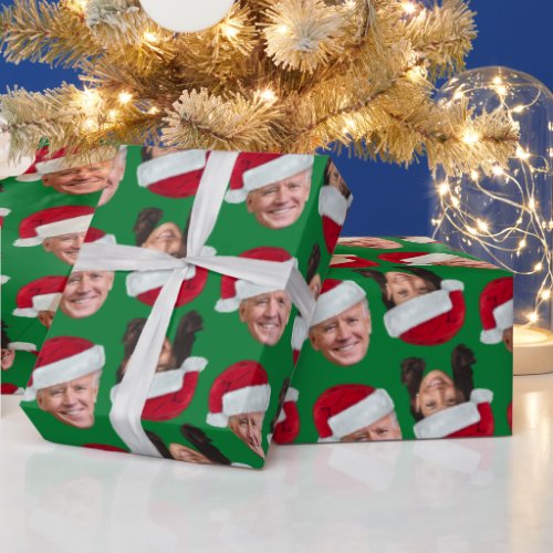 Joe and Kamala Santa Hat Funny Christmas Green Wrapping Paper