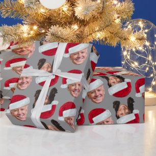 Joe and Kamala Santa Hat Funny Christmas Silver Wrapping Paper