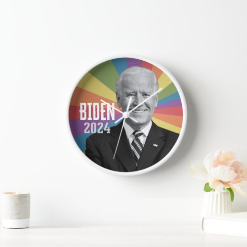 Joe Biden 2024 _ photo with rainbow flag ray Clock