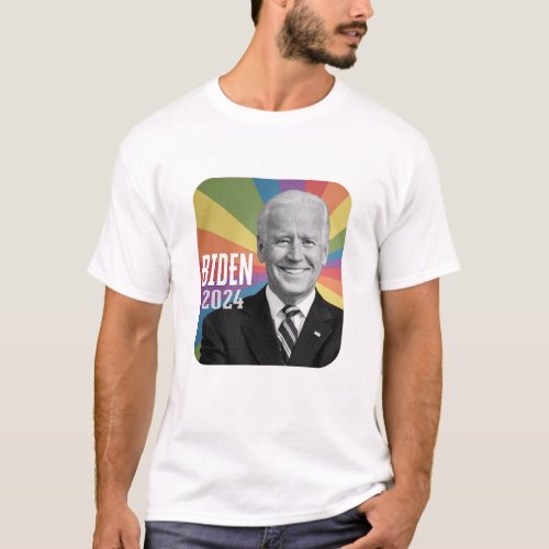 Joe Biden 2024 _ photo with rainbow flag ray T_Shirt