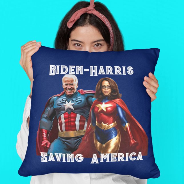 Joe Biden and Kamala Harris as  Superheros Throw Pillow (Creator Uploaded)
