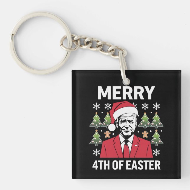 Joe Biden Christmas Santa Hat Merry 4th Of Easter  Keychain (Front)