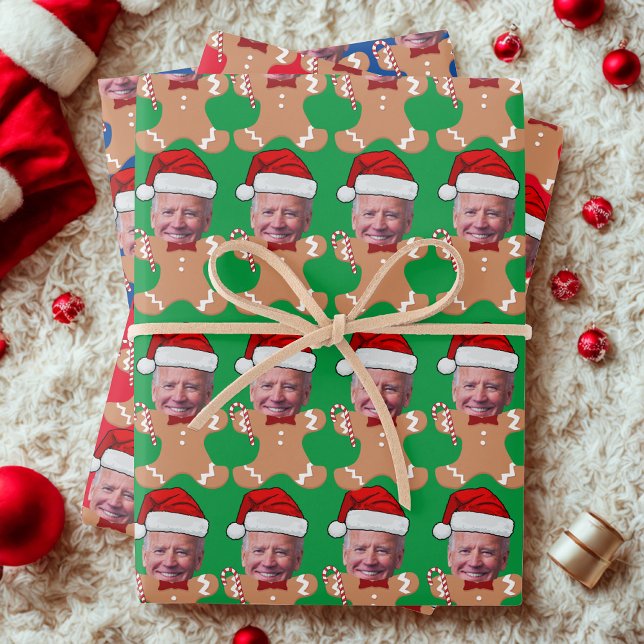 Joe Biden Custom Face Photo Gingerbread Xmas  Wrapping Paper Sheets (Creator Uploaded)
