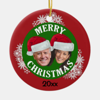 Joe Biden Kamala Harris 2020 w/ Santa Hats & Snow Ceramic Ornament