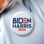 Joe Biden Kamala Harris 2024 Red white blue Button<br><div class="desc">The classic Biden Harris 2024 design will stand out when you wear this for a rally or a party. This is a simple design that is bold and can be read easily. A modern, minimal design featuring Biden for President and Kamala Harris for Vice President with a couple stars and...</div>