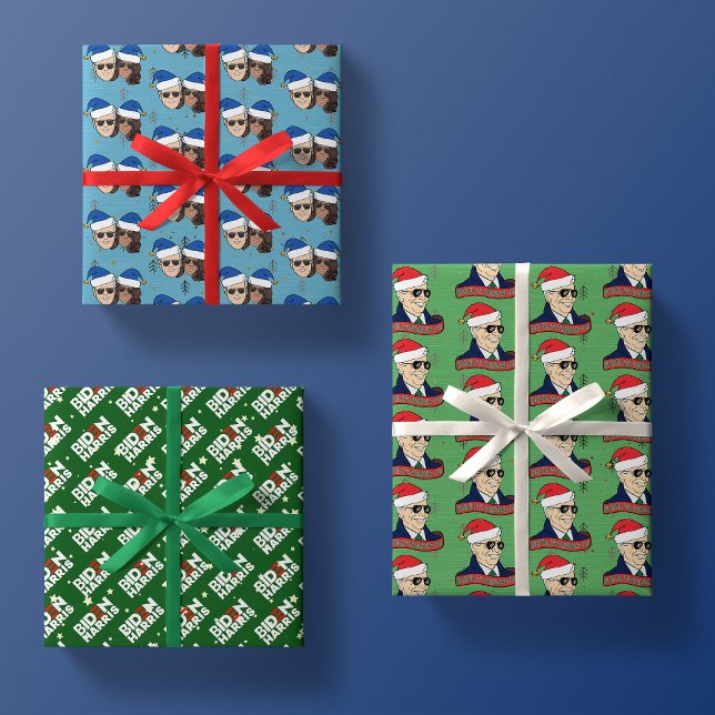 Joe Biden Kamala Harris Blue Christmas Trio Gift Wrapping Paper Sheets (Creator Uploaded)
