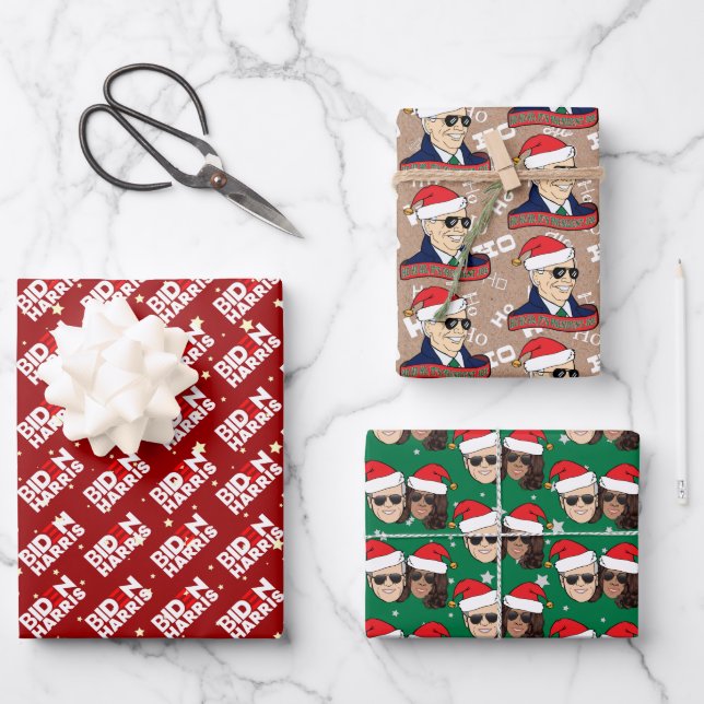 Joe Biden Kamala Harris Christmas Kraft Trio Gift Wrapping Paper Sheets (Front)