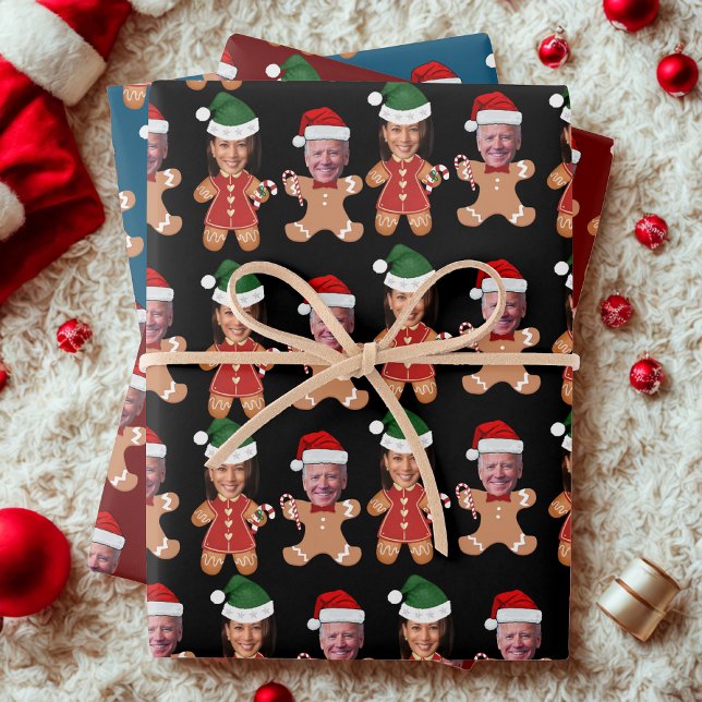 Joe Biden Kamala Harris Custom Face Gingerbread Wrapping Paper Sheets (Creator Uploaded)