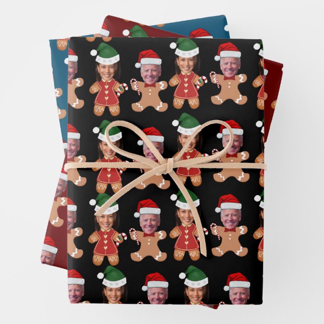 Joe Biden Kamala Harris Custom Face Gingerbread Wrapping Paper Sheets (In situ)
