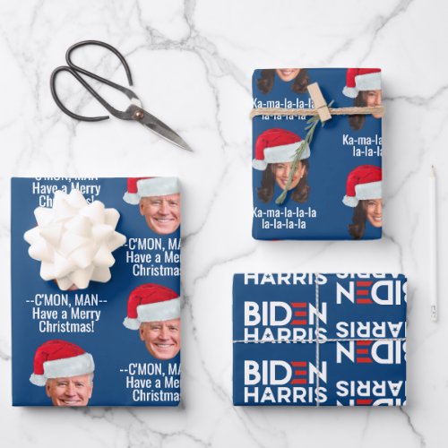 Joe Biden Kamala Harris Santa Hat Merry Christmas Wrapping Paper Sheets