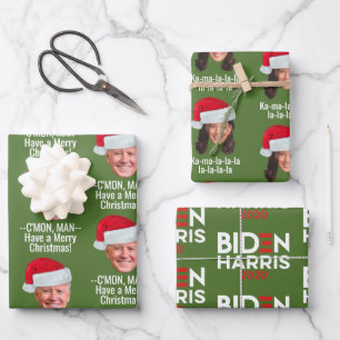 Joe Biden Kamala Harris Santa Hat Merry Christmas Wrapping Paper Sheets