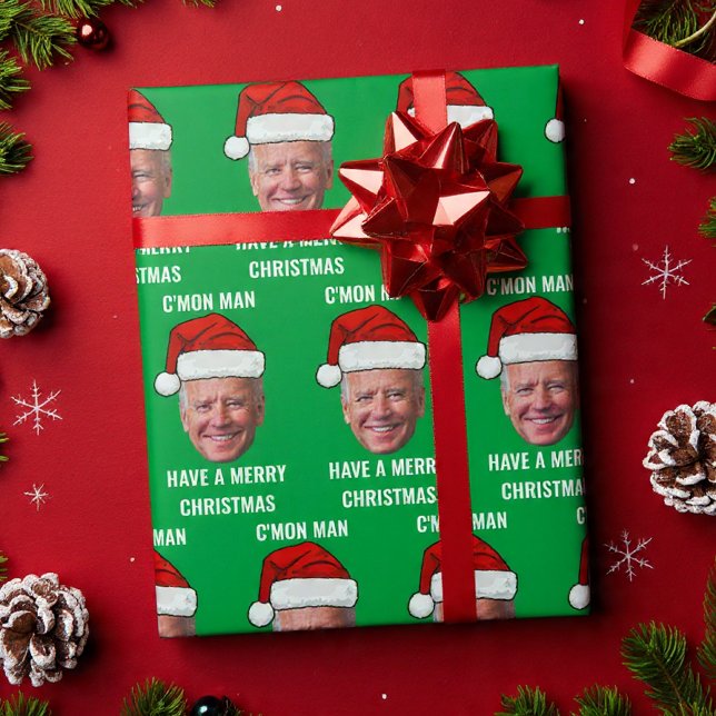 Joe Biden Santa Hat C'mon Man Green Christmas Wrapping Paper (Creator Uploaded)