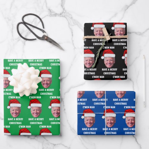 Joe Biden Santa Hat Cmon Man Green Christmas Wrapping Paper Sheets