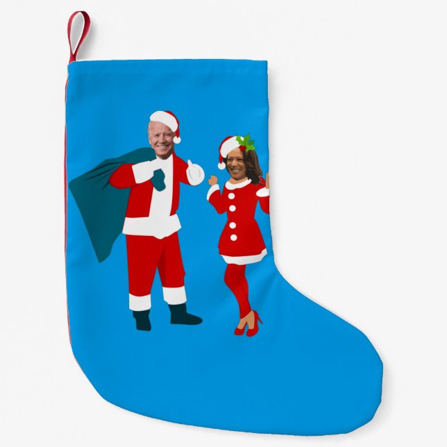 joe biden santa kamala harris blue christmas small christmas stocking (Front)