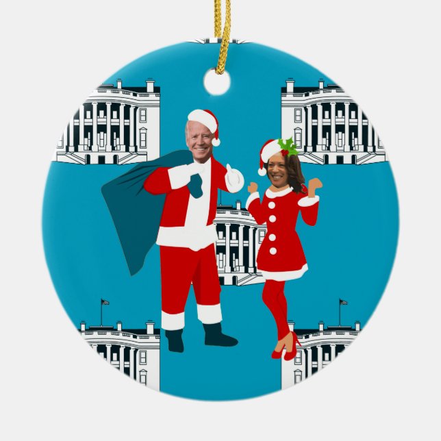 joe biden santa kamala harris blue white house ceramic ornament (Front)