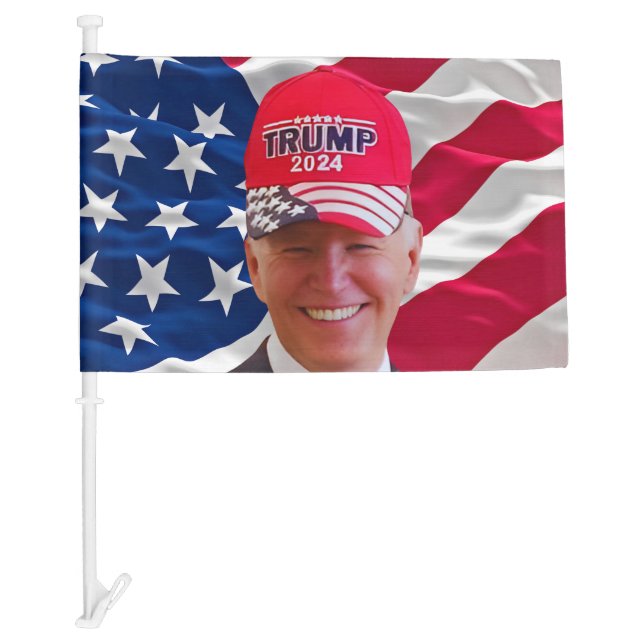 Joe biden Wearing A Trump Hat Car Flag (Front)