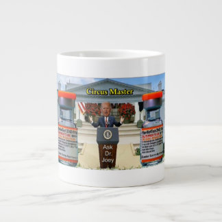 Joey at the helm dispensing Covid. info.  Giant Coffee Mug