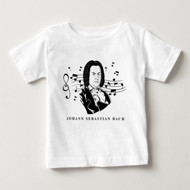 Johann Sebastian Bach Portrait and Bust with Notes Baby T-Shirt (Front)
