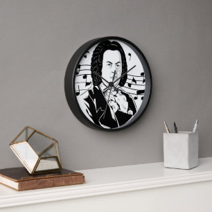 Johann Sebastian Bach Portrait and Bust with Notes Clock