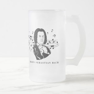 Johann Sebastian Bach Portrait and Bust with Notes Frosted Glass Beer Mug