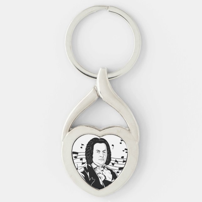 Johann Sebastian Bach Portrait and Bust with Notes Keychain (Front)