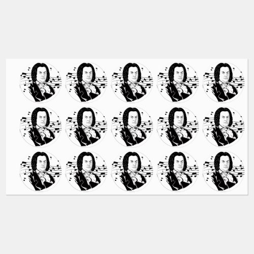 Johann Sebastian Bach Portrait and Bust with Notes Labels
