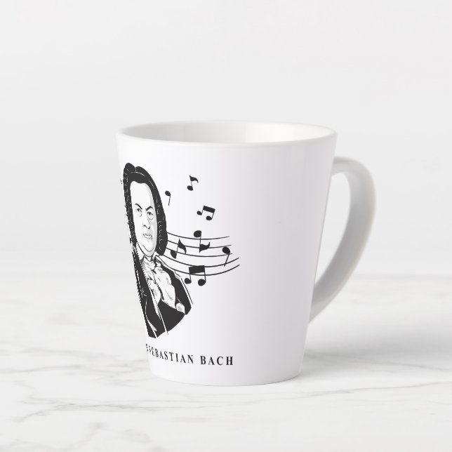 Johann Sebastian Bach Portrait and Bust with Notes Latte Mug (Right Angle)