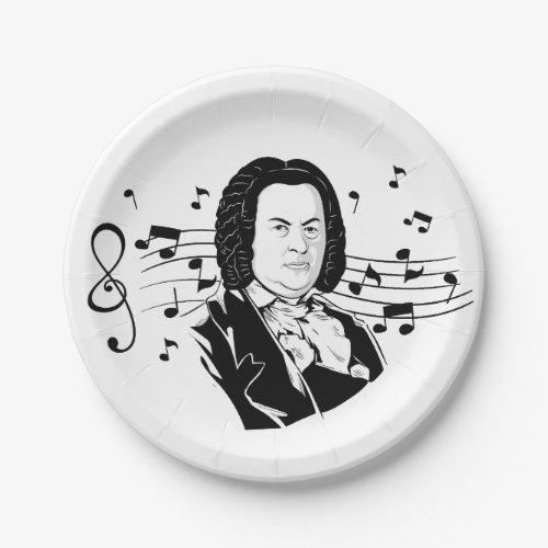 Johann Sebastian Bach Portrait and Bust with Notes Paper Plates