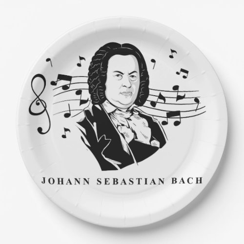 Johann Sebastian Bach Portrait and Bust with Notes Paper Plates