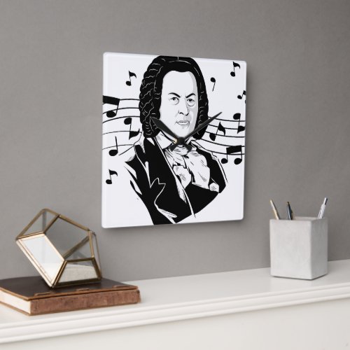 Johann Sebastian Bach Portrait and Bust with Notes Square Wall Clock