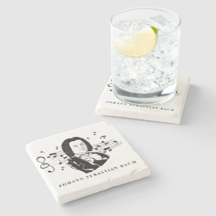 Johann Sebastian Bach Portrait and Bust with Notes Stone Coaster