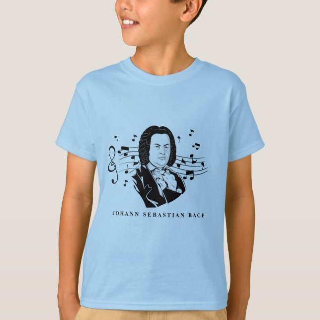 Johann Sebastian Bach Portrait and Bust with Notes T-Shirt (Front)