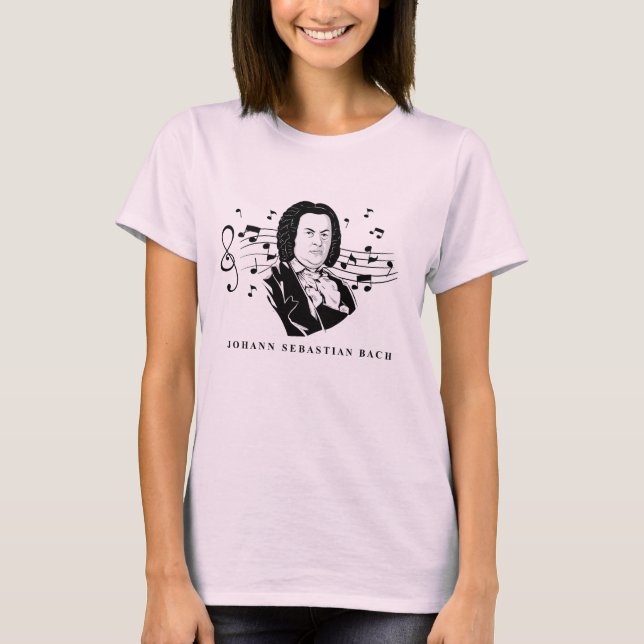 Johann Sebastian Bach Portrait and Bust with Notes T-Shirt (Front)