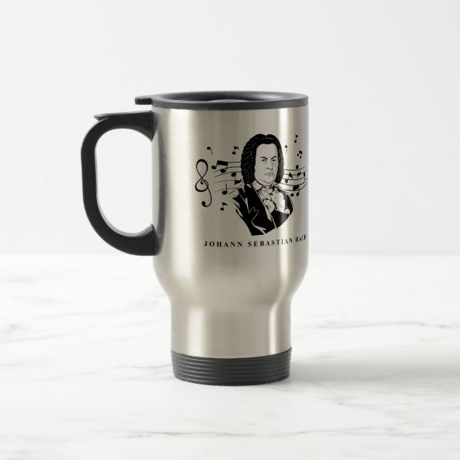 Johann Sebastian Bach Portrait and Bust with Notes Travel Mug (Left)