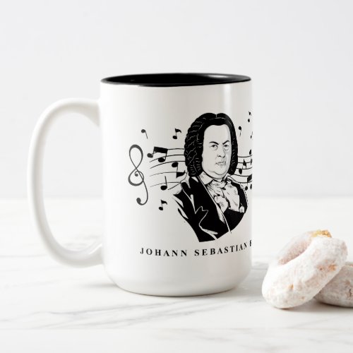 Johann Sebastian Bach Portrait and Bust with Notes Two_Tone Coffee Mug