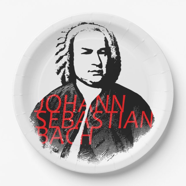 Johann Sebastian Bach portrait and red letters Paper Plates (Front)