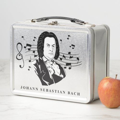 Johann Sebastian Bach Portrait  Bust with Notes Metal Lunch Box