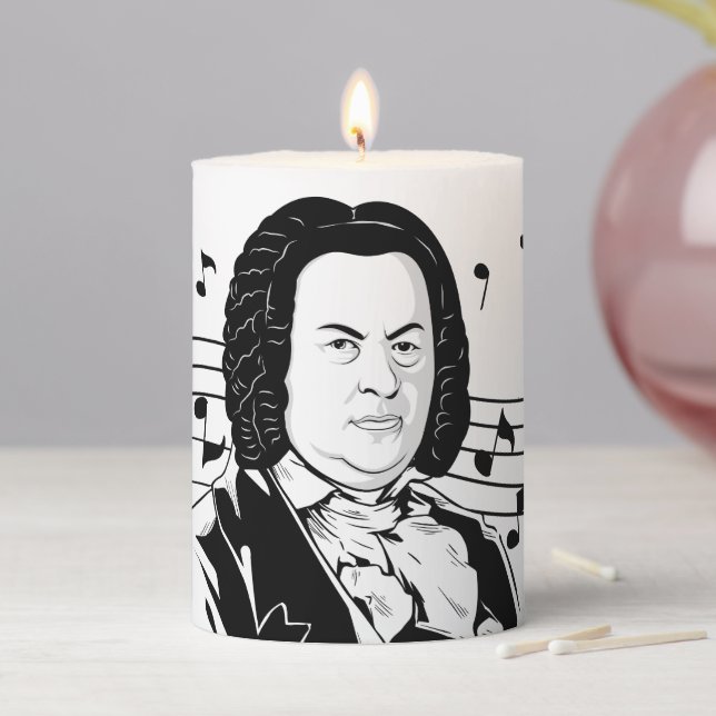 Johann Sebastian Bach Portrait / Bust with Notes Pillar Candle (In Situ)