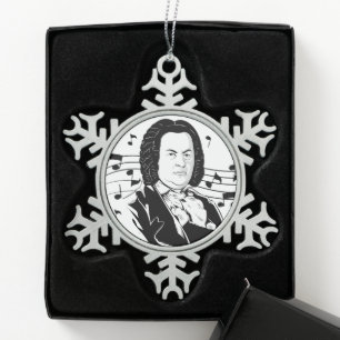 Johann Sebastian Bach Portrait / Bust with Notes Snowflake Pewter Christmas Ornament
