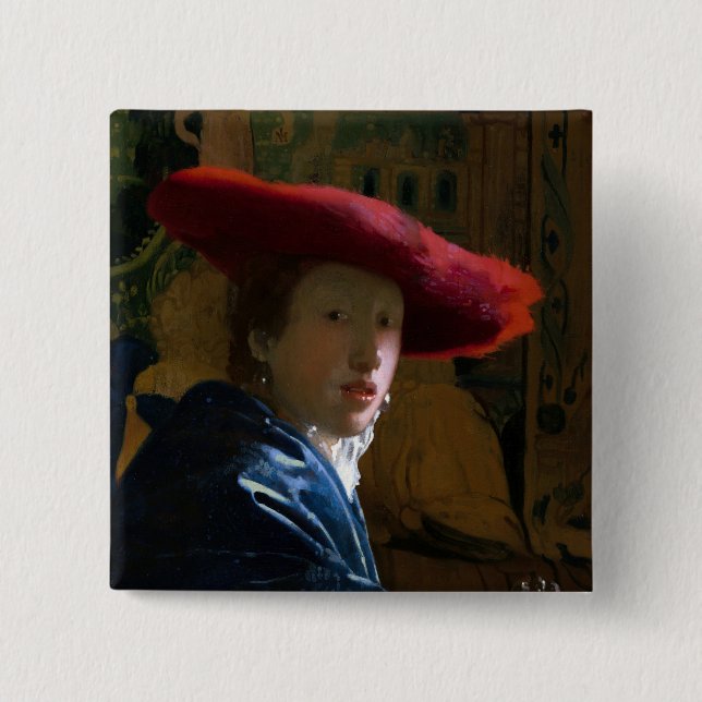 Johannes Vermeer - Girl with a Red Hat Button (Front)