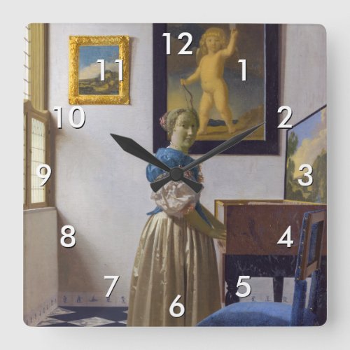 Johannes Vermeer _ Lady Standing at a Virginal Square Wall Clock