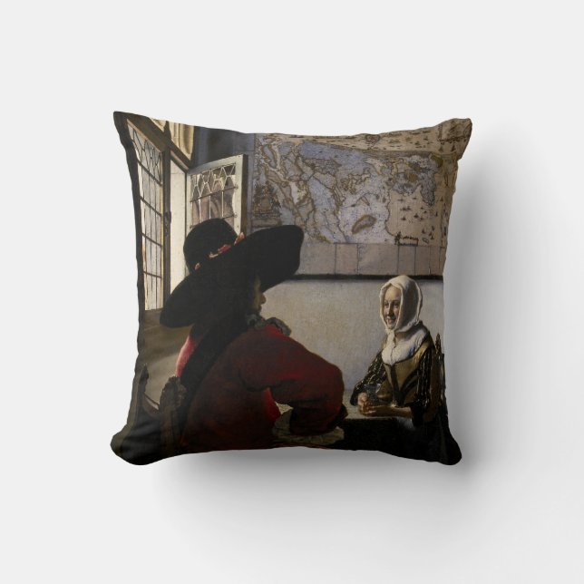 Johannes Vermeer - Officer with a Laughing Girl Throw Pillow (Front)