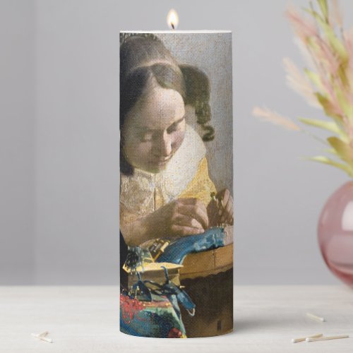 Johannes Vermeer _ The Lacemaker Pillar Candle