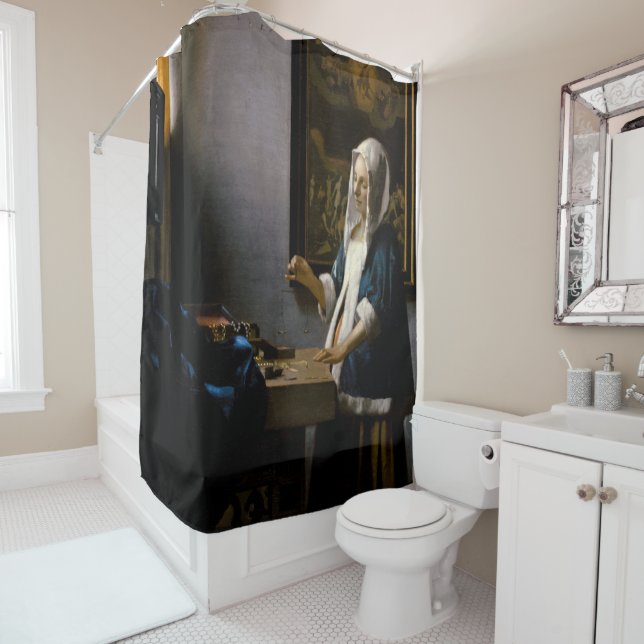 Johannes Vermeer - Woman Holding a Balance Shower Curtain (In Situ)