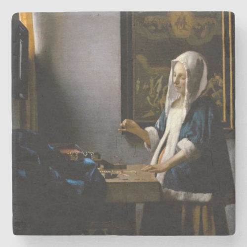 Johannes Vermeer _ Woman Holding a Balance Stone Coaster