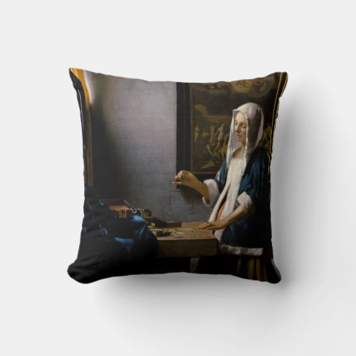 Johannes Vermeer _ Woman Holding a Balance Throw Pillow