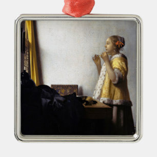 Johannes Vermeer - Young Woman with Pearl Necklace Metal Ornament