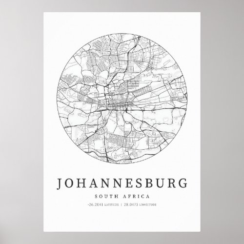 Johannesburg South Africa Street Layout Map Poster